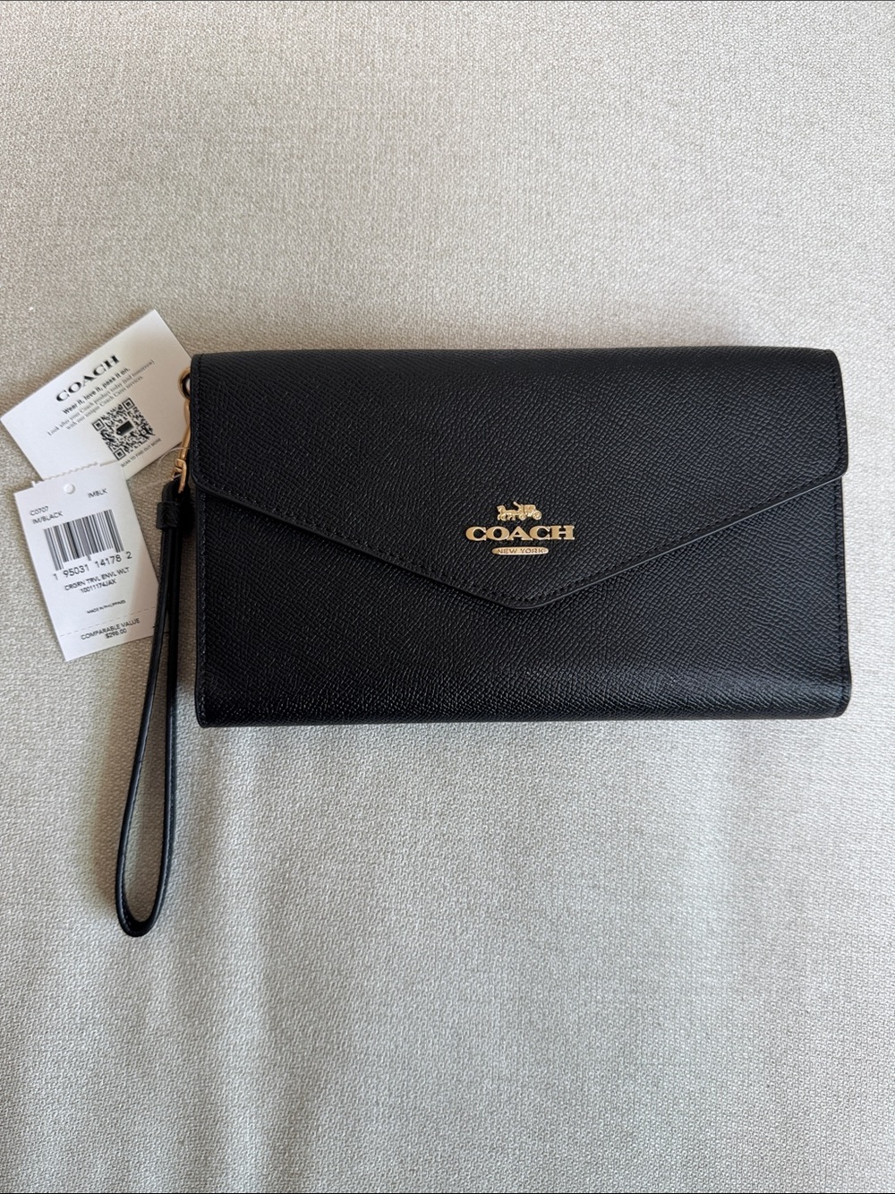 COACH Black Leather Envelope Wristlet with Gold Logo
